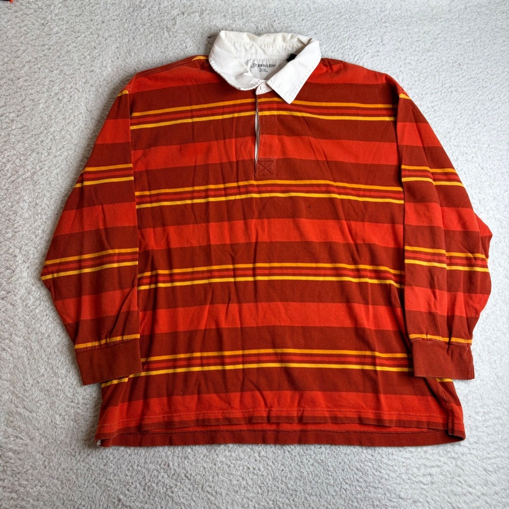 Vintage St Johns Bay Mens XXL Rugby Shirt Long Sleeve Striped Orange Red Cotton
